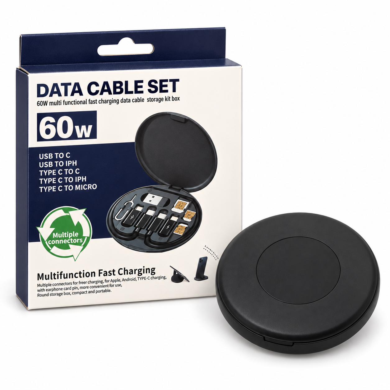 Black travel charging kit next to its retail box