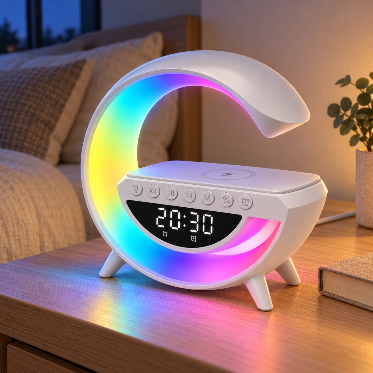 White G-shaped LED speaker with clock glowing in rainbow colours on a bedside table